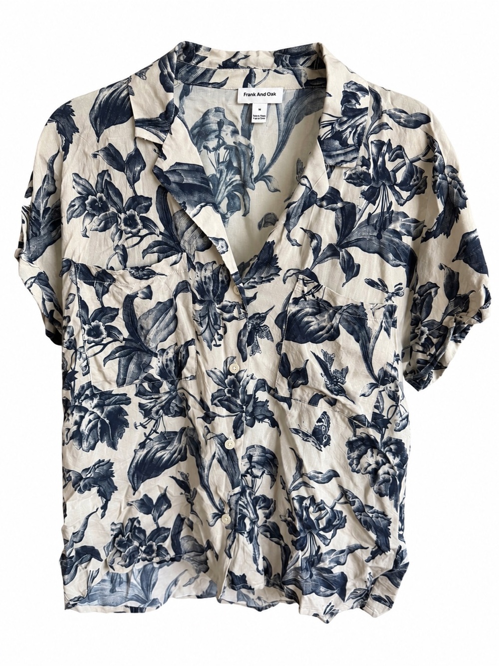 Frank And Oak Grayish Beige Navy Floral Button-Up Shirt Size M